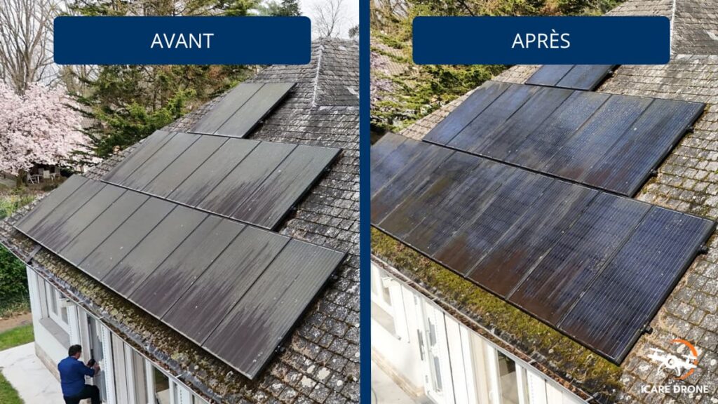 Nettoyage panneaux solaires à Tubize avant après intervention drone Icare Drone