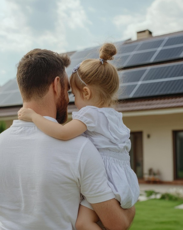 Famille devant une maison équipée de panneaux solaires entretenus par Icare Drone