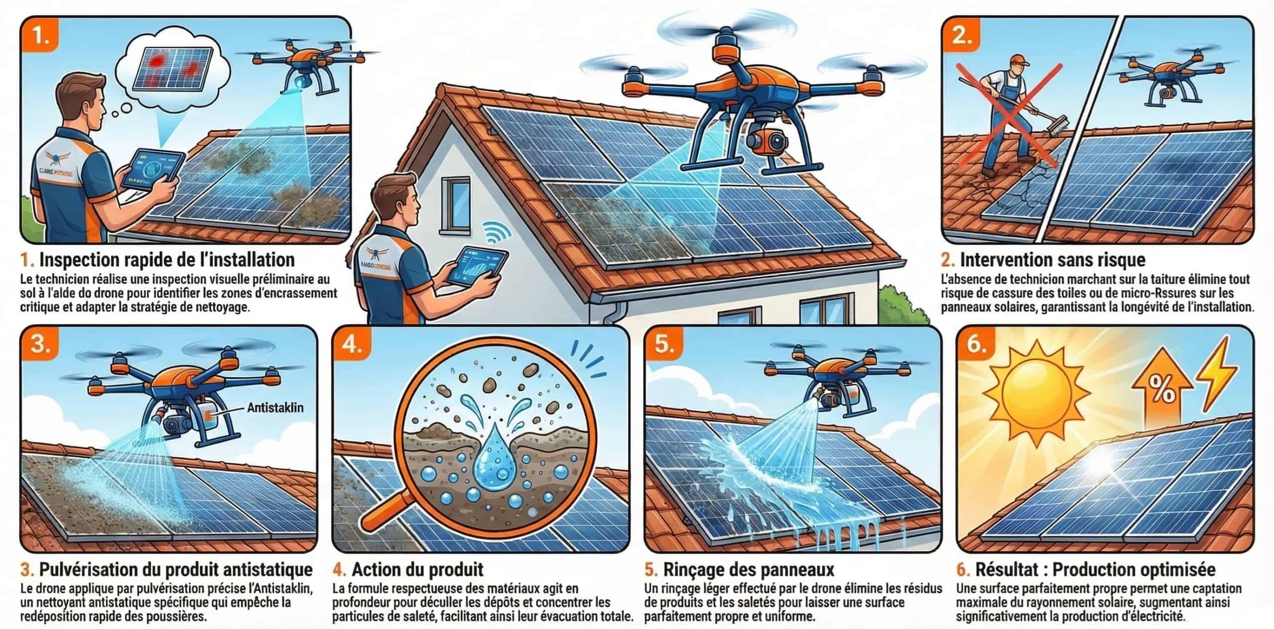 nettoyage de panneaux solaires par drone méthode Icare Drone sans marcher sur la toiture