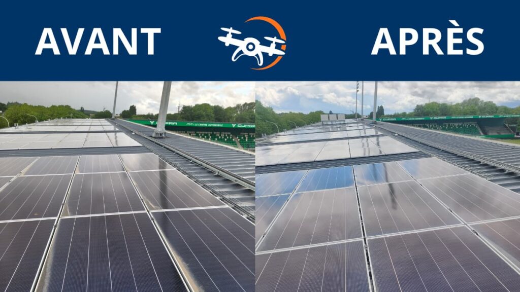 Avant/après le nettoyage des panneaux solaires situés sur le toit du stade EASI Arena de la Raal La Louvière