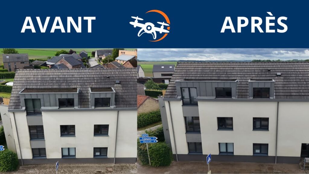 Avant/après le nettoyage d'une façade de copropriété à Fernelmont.